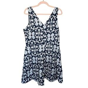 GAP Linen Sleeveless V-Neck Fit & Flare Dress Women’s Size 14 Blue White Ikat‎